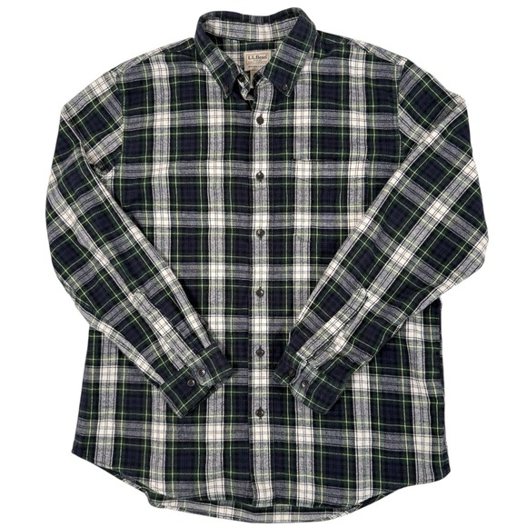 LL Bean Scotch Plaid Flannel Shirt Mens Large Green Slightly Fitted Button Up - Picture 2 of 6